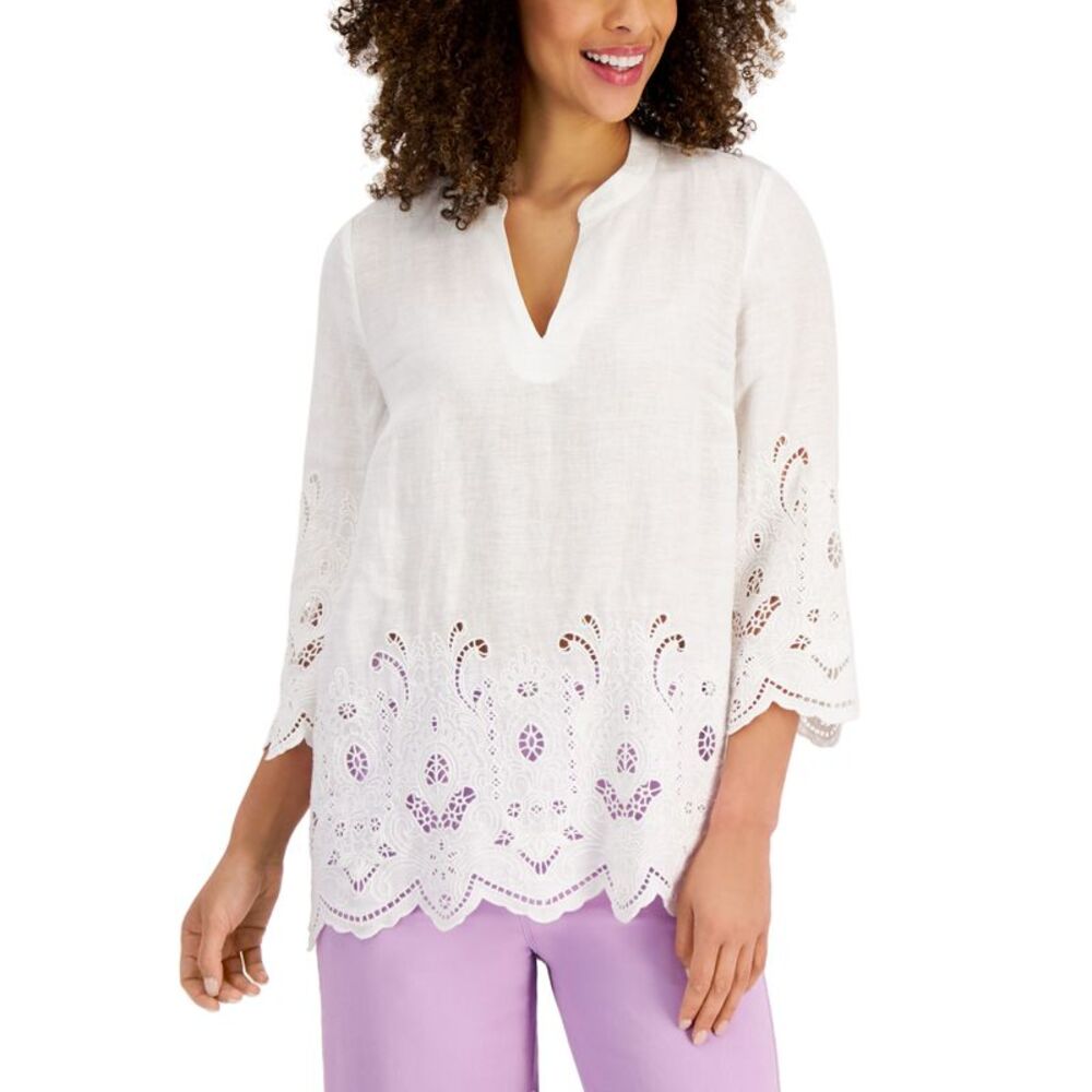 Charter Club Linen Embroidered Hem Tunic